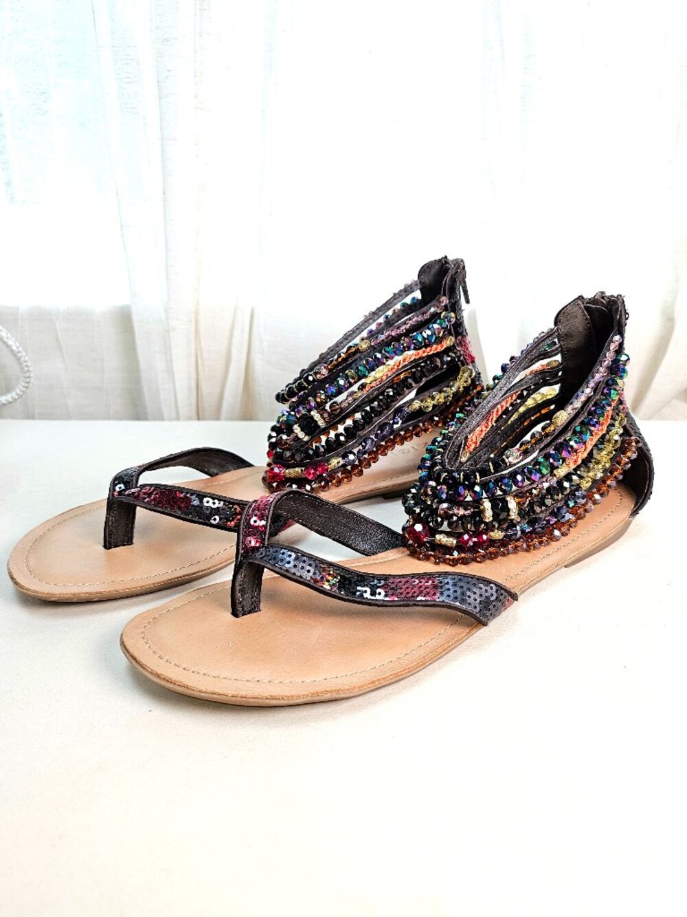 ZIGI Girl Brown Crystal Gladiator Sandals Size 10 Beaded Rhinestone Flat Sandals - Picture 4 of 11